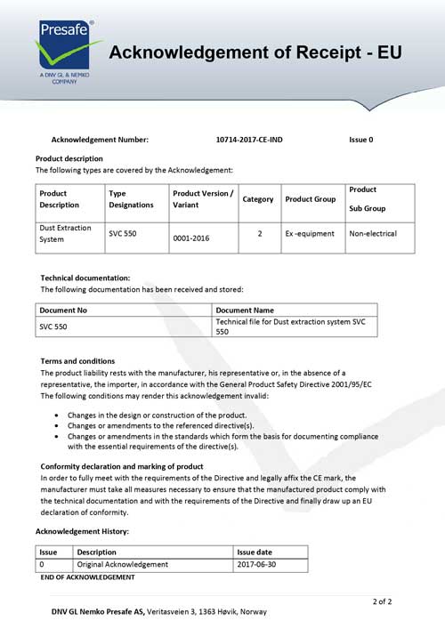 Senvac Extraction System - ATEX/CE Certificates