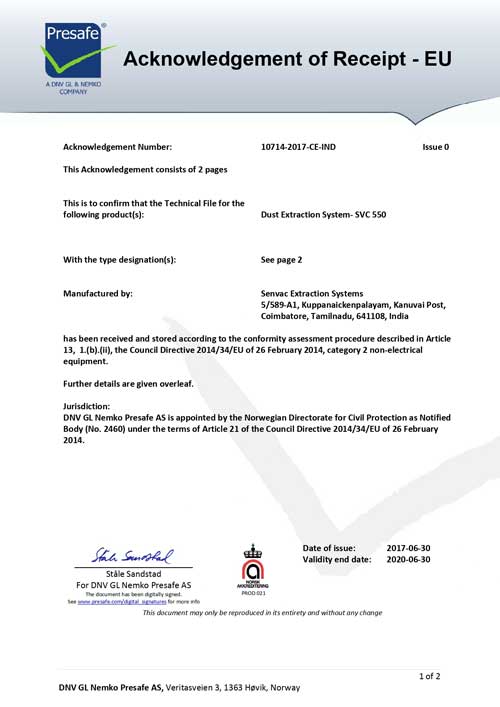 Senvac Extraction System - ATEX/CE Certificates