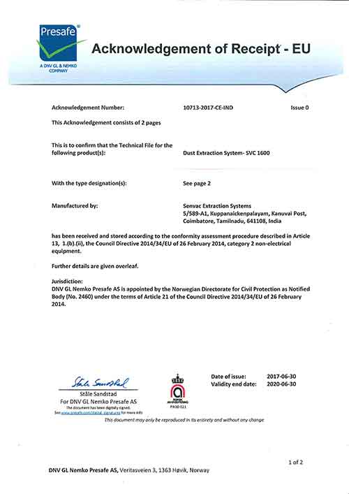 Senvac Extraction System - ATEX/CE Certificates