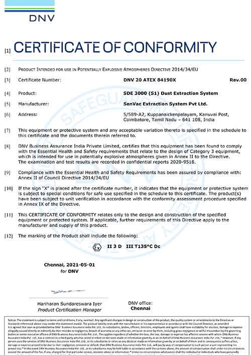 Senvac Extraction System - ATEX/CE Certificates