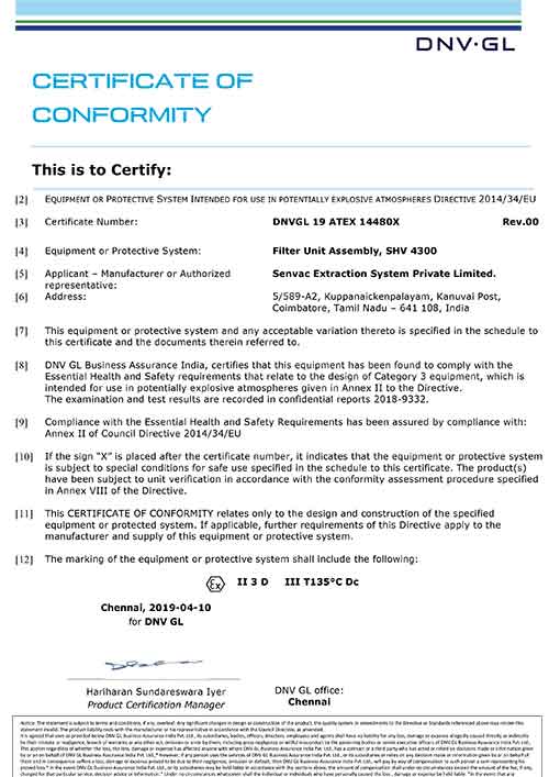 Senvac Extraction System - ATEX/CE Certificates